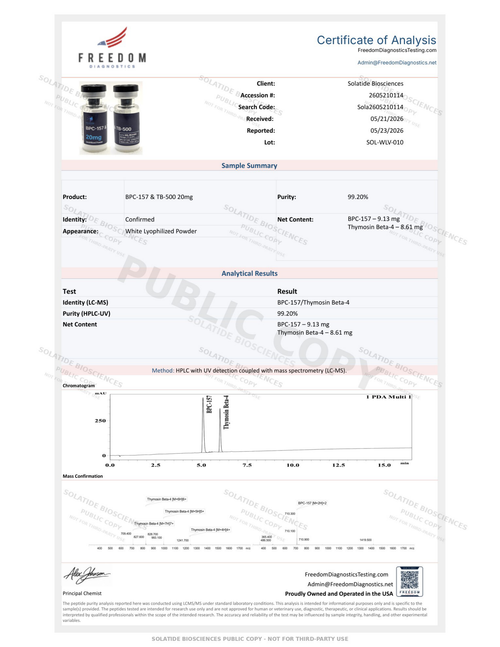 Freedom Diagnostics Certificate of Analysis – BPC-157 & TB-500 Blend 20mg – 99.20% purity HPLC-UV-MS – Lot SOL-WLV-010 – Solatide Biosciences Australia