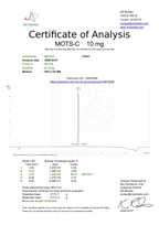 Certificate of Analysis for MOTS-C 10 mg with technical details and signature.