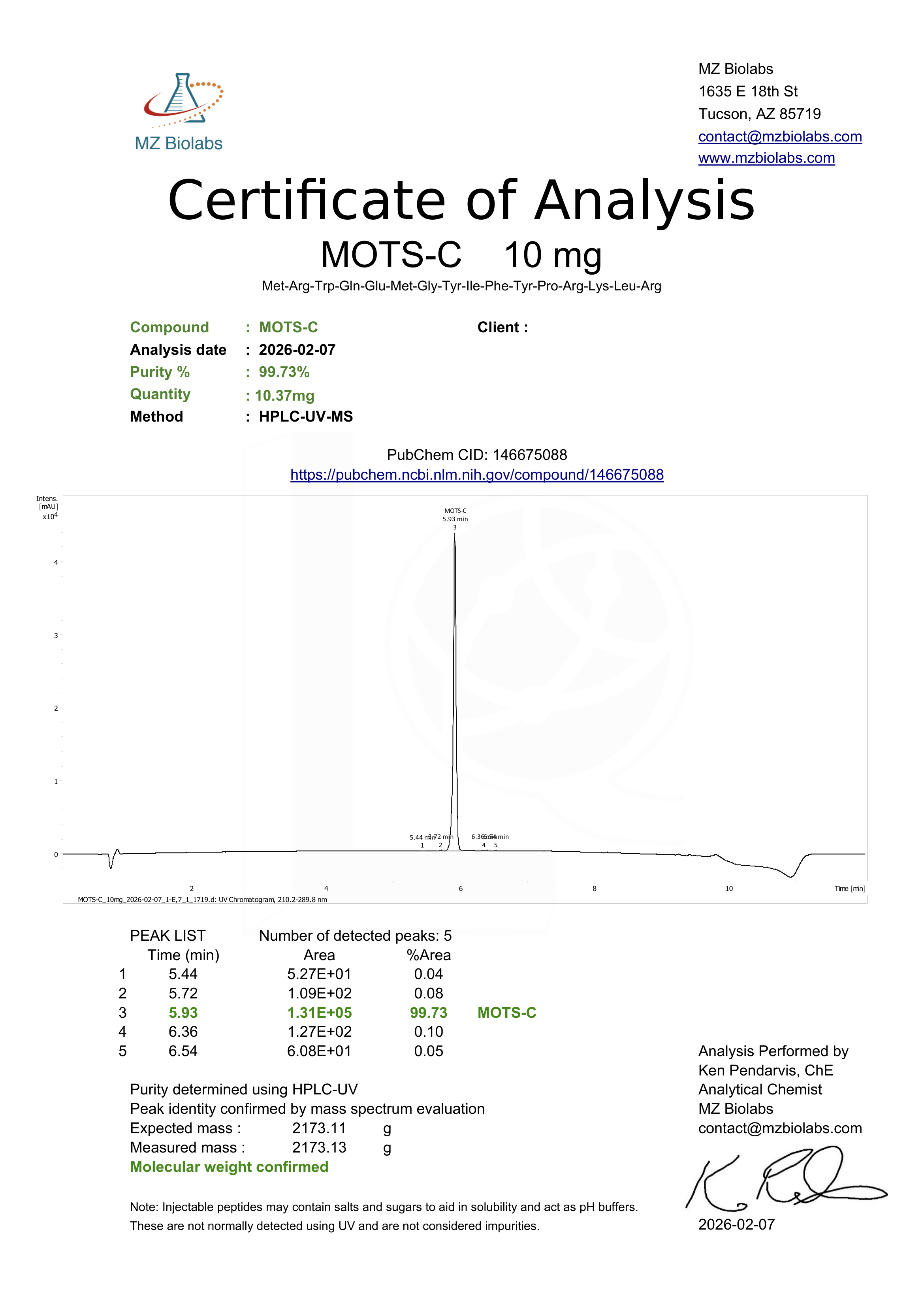 Certificate of Analysis for MOTS-C 10 mg with technical details and signature.