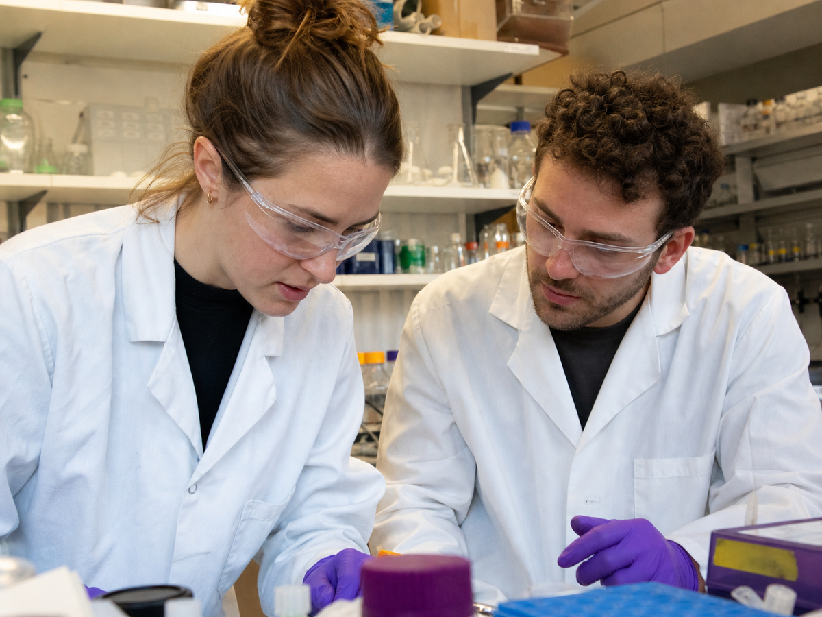 Two scientists in a lab setting, wearing lab coats and safety goggles, working on a project.