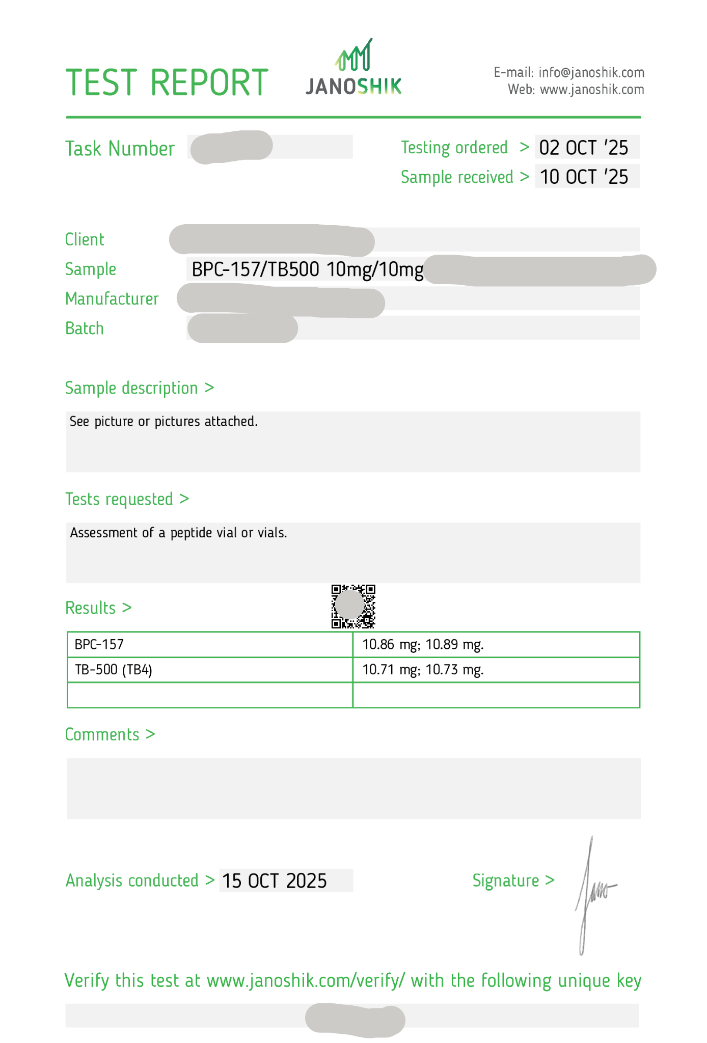 Janoshik Test Report for BPC-157 10mg and TB-500 10mg blend – quantity verified by independent third-party testing, Solatide Biosciences