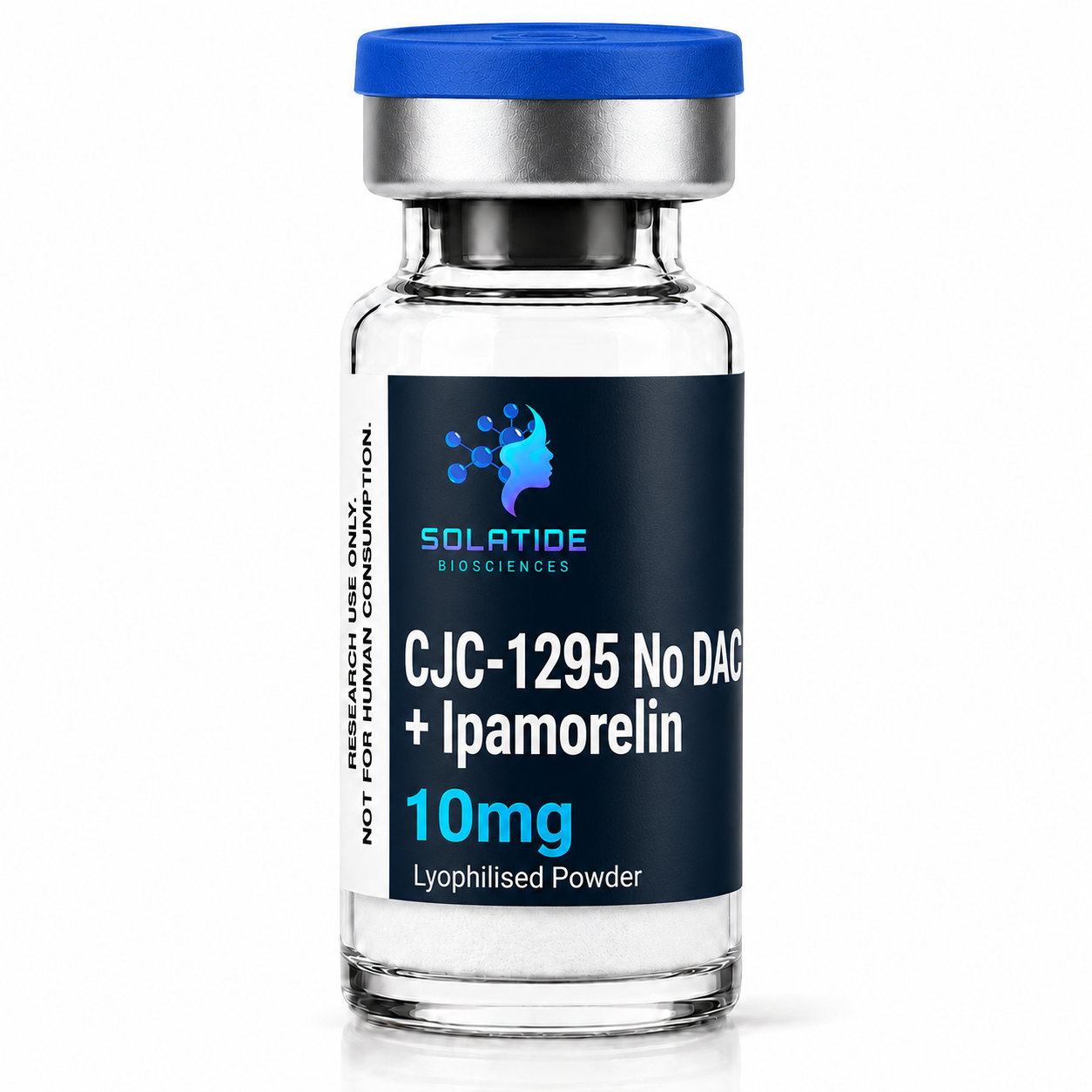 CJC-1295 No DAC + Ipamorelin 10mg lyophilised peptide vial – Solatide Biosciences research peptide, not for human consumption
