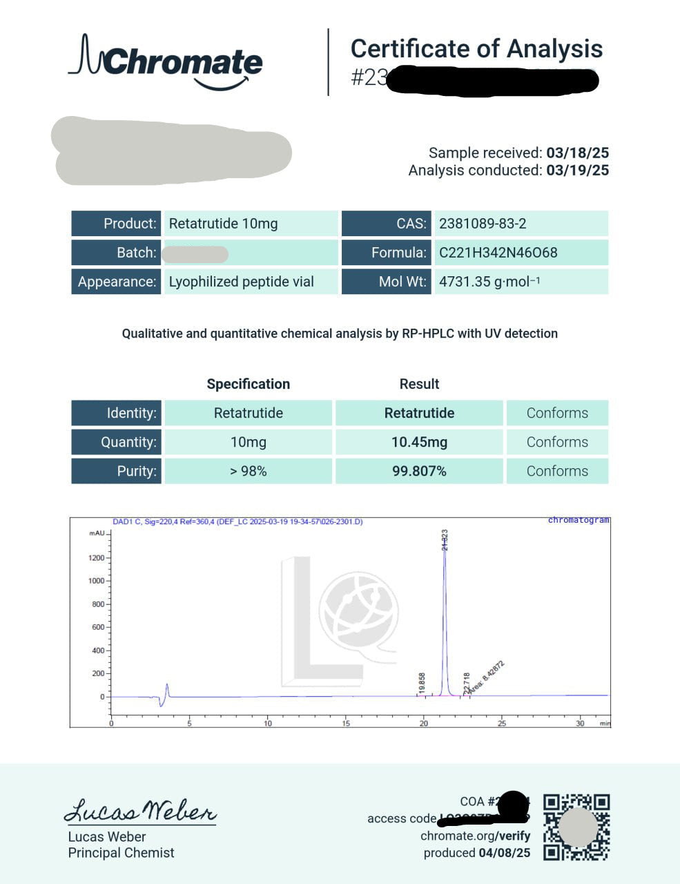 Chromate Certificate of Analysis for Retatrutide 10mg – 99.807% purity by RP-HPLC, independently verified by Lucas Weber, Principal Chemist