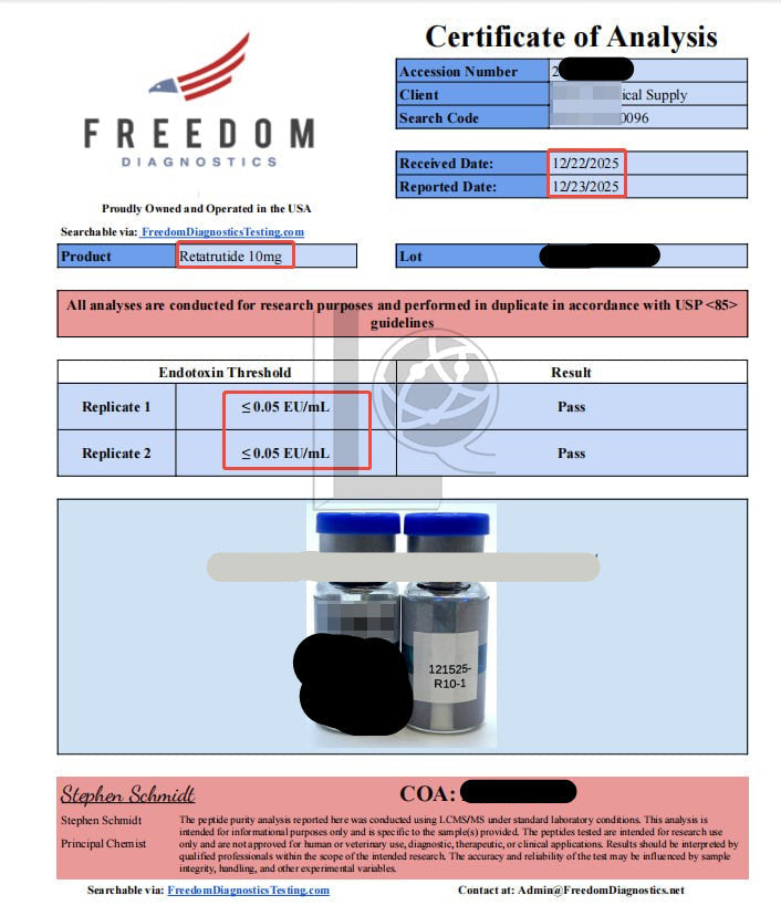 Freedom Diagnostics Endotoxin Test Report for Retatrutide 10mg – Pass (≤0.05 EU/mL, duplicate replicates) per USP <85> guidelines, verified by Stephen Schmidt, Principal Chemist