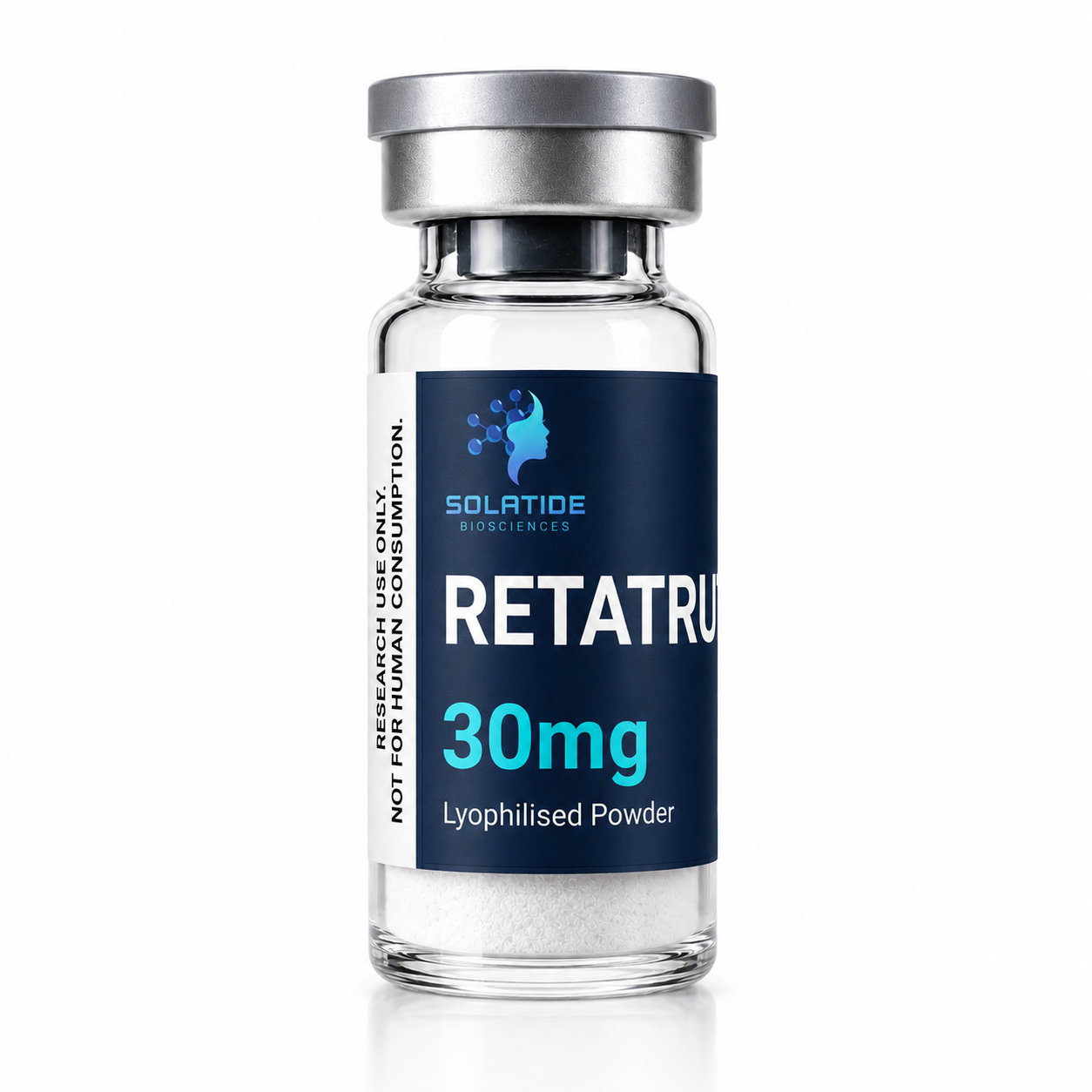 Retatrutide 30mg lyophilised powder vial – Solatide Biosciences research peptide, not for human consumption