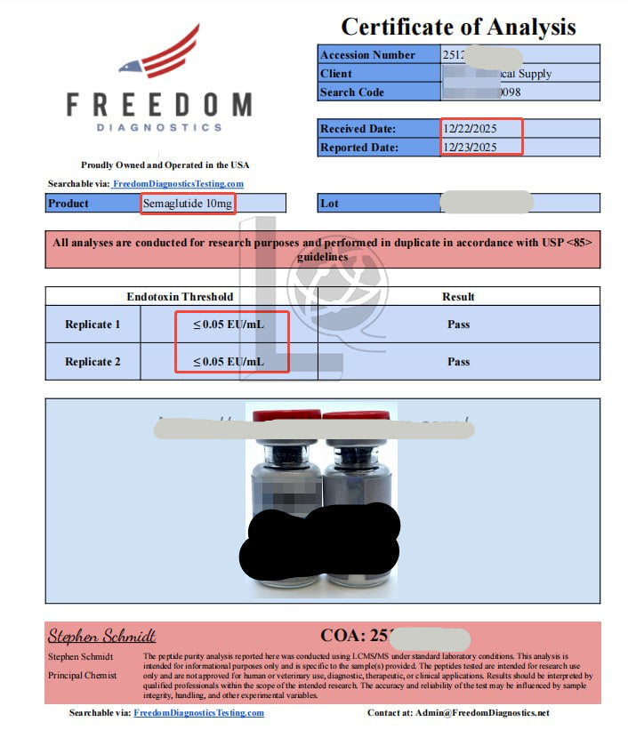 Freedom Diagnostics Endotoxin Test Report for Semaglutide 10mg – Pass (≤0.05 EU/mL, duplicate replicates) per USP <85> guidelines, verified by Stephen Schmidt, Principal Chemist