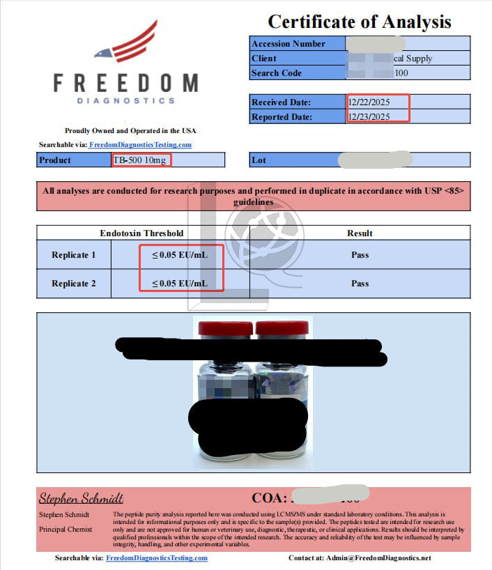Freedom Diagnostics Endotoxin Test Report for TB-500 10mg – Pass (≤0.05 EU/mL, duplicate replicates) per USP <85> guidelines, verified by Stephen Schmidt, Principal Chemist