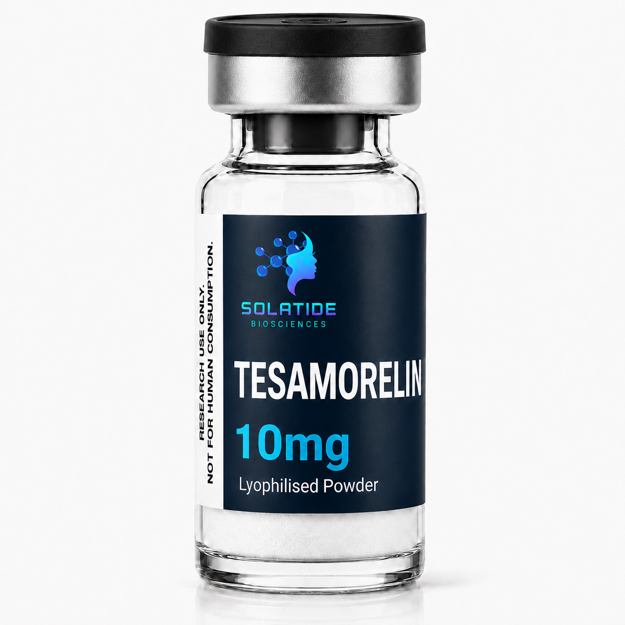 Tesamorelin 10mg lyophilised powder vial – Solatide Biosciences research peptide, not for human consumption
